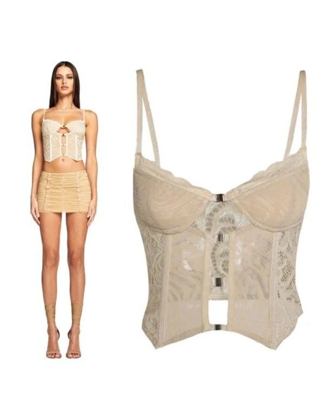 NWT I.AM.GIA Elena Top S Tan Ivory Lace Corset Sheer Crop Burnout Cut Out Velvet
